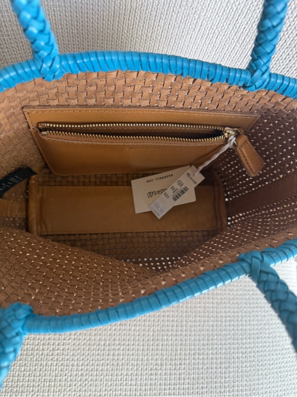 Madewell Signature Woven Mini Tote in Golden Tan with Tropical Blue Trim - Picture 6 of 7